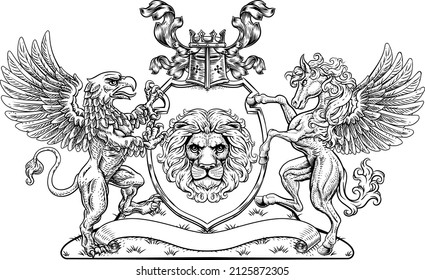 A crest coat of arms family shield seal featuring griffin, Pegasus winged horse and lion 