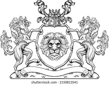 A crest coat of arms family shield seal featuring horses and lion 