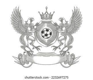 A crest coat of arms family shield seal featuring two griffin with crown and soccer ball. Vintage Engraving drawing style Illustration