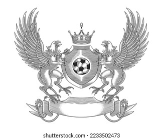 A crest coat of arms family shield seal featuring two griffin with crown and soccer ball. Vintage Engraving drawing style Illustration