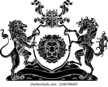 A crest coat of arms family shield seal featuring lions and horse 