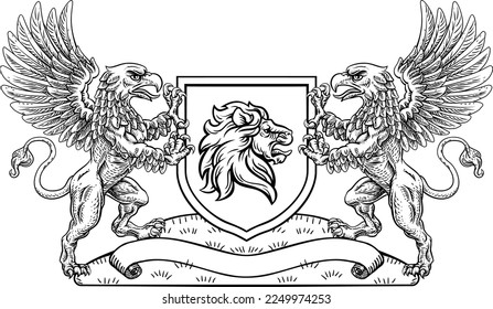 A crest coat of arms family shield seal featuring two griffins or griffons and lion 