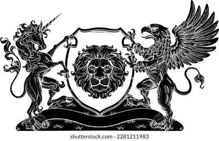 A crest coat of arms family shield seal featuring griffin, unicorn horse with horn and lion 