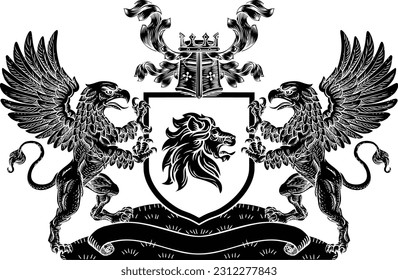 A crest coat of arms family shield seal featuring two griffins or griffons and lion 