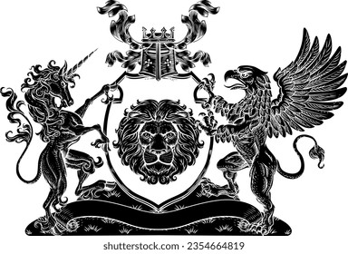 A crest coat of arms family shield seal featuring griffin, unicorn horse with horn and lion 