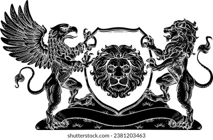 A crest coat of arms family shield seal featuring griffin and lions