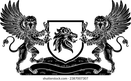 A crest coat of arms family shield seal featuring two griffins or griffons and lion 