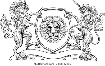 A crest coat of arms family shield seal featuring unicorn, horse and lion