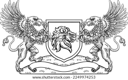 A crest coat of arms family shield seal featuring two griffins or griffons and lion 