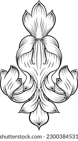 Crest or coat of arms filigree scroll heraldic or heraldry floral pattern design. Like that from a medieval baroque royal crest, in a woodcut etching style