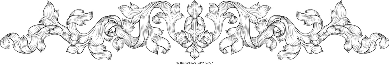 A crest or coat of arms filigree scroll heraldic or heraldry border band floral pattern design. Like that from a medieval baroque royal crest, in a woodcut etching style