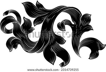 Crest or coat of arms filigree scroll heraldic or heraldry floral pattern design. Like that from a medieval baroque royal crest, in a woodcut etching style