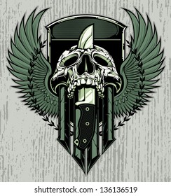 Crest design with skull slain by a combat knife through it's head. Crest includes blank area for copy.