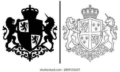Crest Heraldic Coat of Arms with a Shield Flanked by a Lion and a Unicorn in a Traditional Design Concept