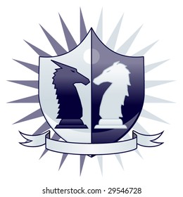 Crest with knight chess pieces and banner - vector