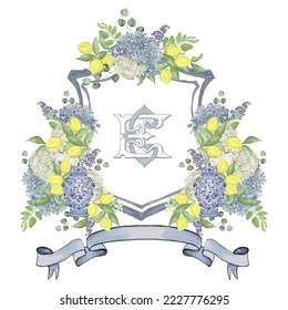 Crest con plantilla dibujada a mano con marco de flor de arándano de arándano de limón. corona floral de boda pintada. Ilustración vectorial