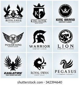 Crest logo collection set Automotive Eagle warrior Pegasus lion king and royal crown Gold Vector template