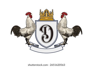 Design de logotipo Crest com um objeto de galo. Estilo vintage, desenhado à mão.
