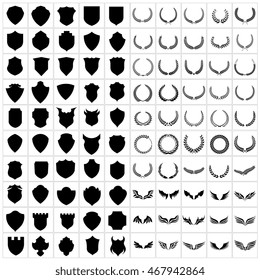Crest logo element set, Set of award laurel wreaths , amour and wings, vector illustration.