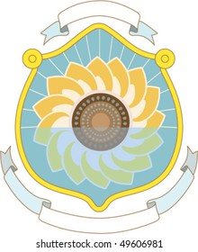 Crest pattern with symbolic shield, ribbons and sunflower in the middle