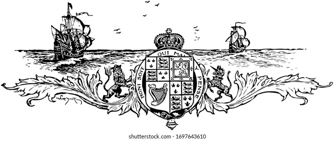 A crest and seal below two ships, vintage illustration