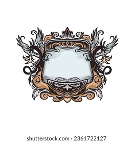 Crest with shield and fantasy dragons, vector hand drawn art