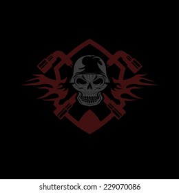 crest with skull in helmet and spanners