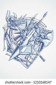 A crest of sword and shield depicted adventure and glory. Best use for printed t-shirt, badge/crest, and poster.