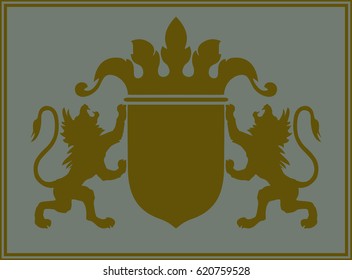 Crest with two hand drawn heraldic lions.