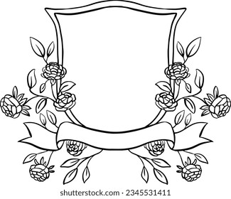 Crest wedding line art floral frame with ribbon. Flower monogram frame.