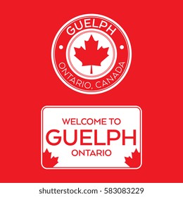 A crest and a welcome sign for Guelph, Ontario, Canada that features maple leaves.