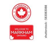 A crest and a welcome sign for Markham, Ontario, Canada that features maple leaves.
