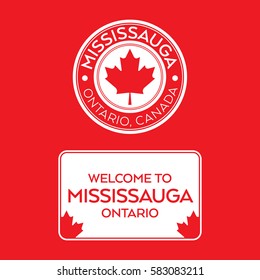 A crest and a welcome sign for Mississauga, Ontario, Canada that features maple leaves.