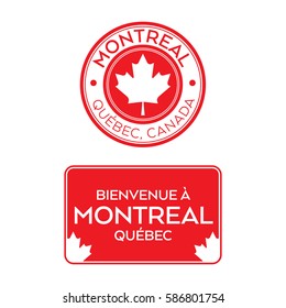 A crest and a welcome sign for Montreal, Quebec, Canada in French that features maple leaves.