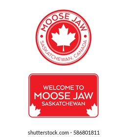 A crest and a welcome sign for Moose Jaw, Saskatchewan, Canada that features maple leaves.
