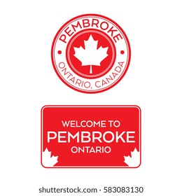 A crest and a welcome sign for Pembroke, Ontario, Canada that features maple leaves.
