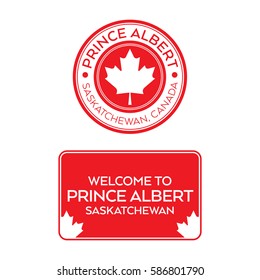 A crest and a welcome sign for Prince Albert, Saskatchewan, Canada that features maple leaves.