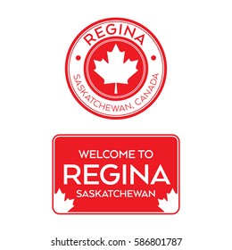 A crest and a welcome sign for Regina, Saskatchewan, Canada that features maple leaves.