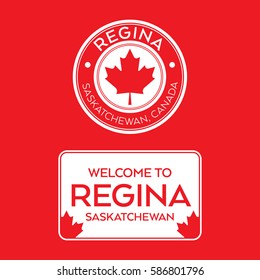 A crest and a welcome sign for Regina, Saskatchewan, Canada that features maple leaves.