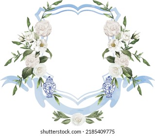 Crest With Wild Flower Frame Hand Drawn Template. Painted Wedding Floral Wreath. Botanical Vector Illustration