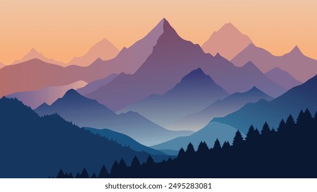 Cresta di Enghe mountain range at foggy summer morning. Dolomites mountains, Italy, Europe flat vector illustration