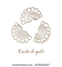 Creste di galli Pasta Illustration. Vektorgrafik Skizze. Traditionelle italienische Küche. Handgezeichnetes Bild. Isoliertes Symbol