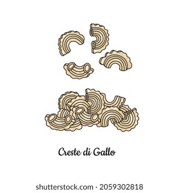 Creste di gallo pasta in color sketch vector illustration isolated on white background. Traditional Italian food for restaurants or cafes, recipes, menus. Kind of paste in form resembles rooster crest