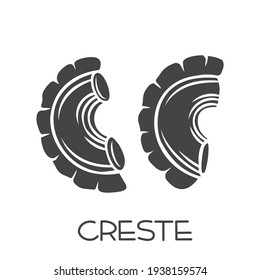 Creste di gallo pasta glyph icon. Italian cuisine cut monochrome badge. Retro style vector illustration.