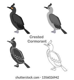 Crested cormorant color flat, line, simple, black and white concept icons set