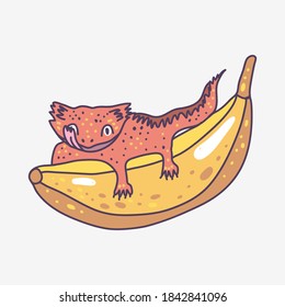 Crested gecko cute reptile lizard on banana logo