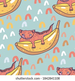 Crested gecko cute reptile lizard on banana seamless pattern