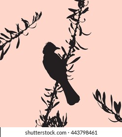 Crested lark on a tree, silhouette. Vector illustration.