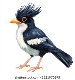 Crested Myna watercolor clipart isolated white background 