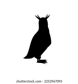Crested penguin black silhouette, flat vector illustration isolated on white background. Subantarctic aquatic flightless bird with crests. Shadow of sea bird.